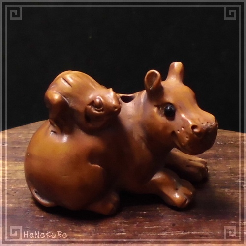 つげ 根付け 木彫り 彫刻 269 河馬と蛙 カバ カエル | 木彫り根付け